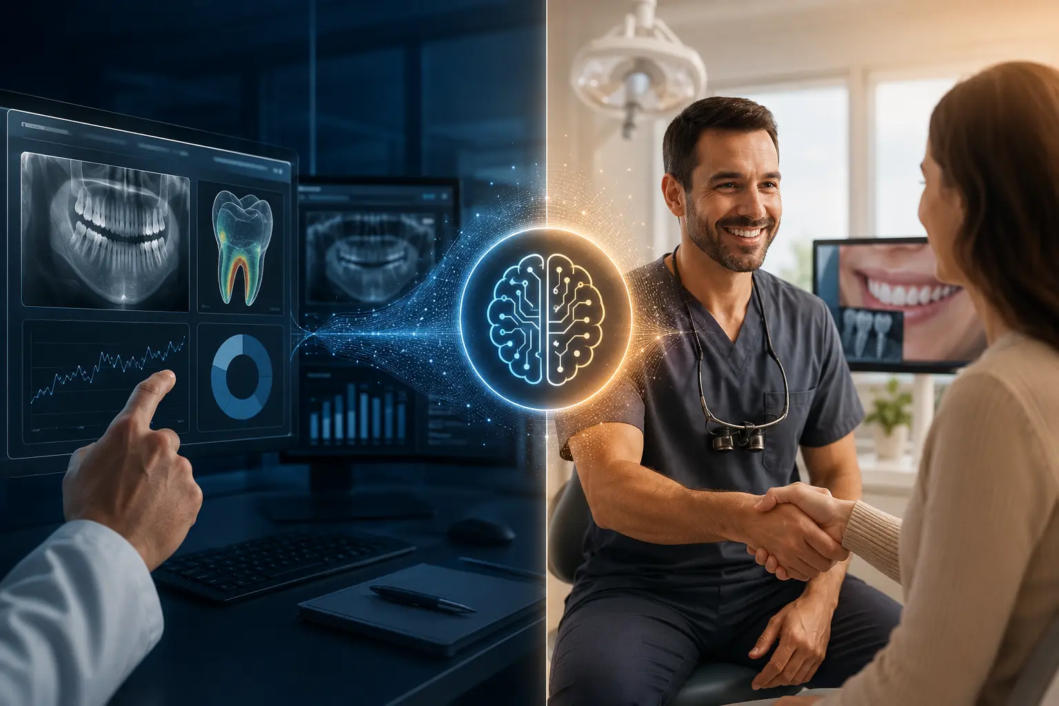 Dentista e estudante de medicina dentária de bata analisam uma ferramenta de apoio ao diagnóstico num consultório